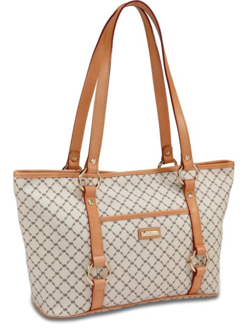 Rioni Georgina Everyday Tote Monogram Canvas Leather Trim Ivory Tan Bag